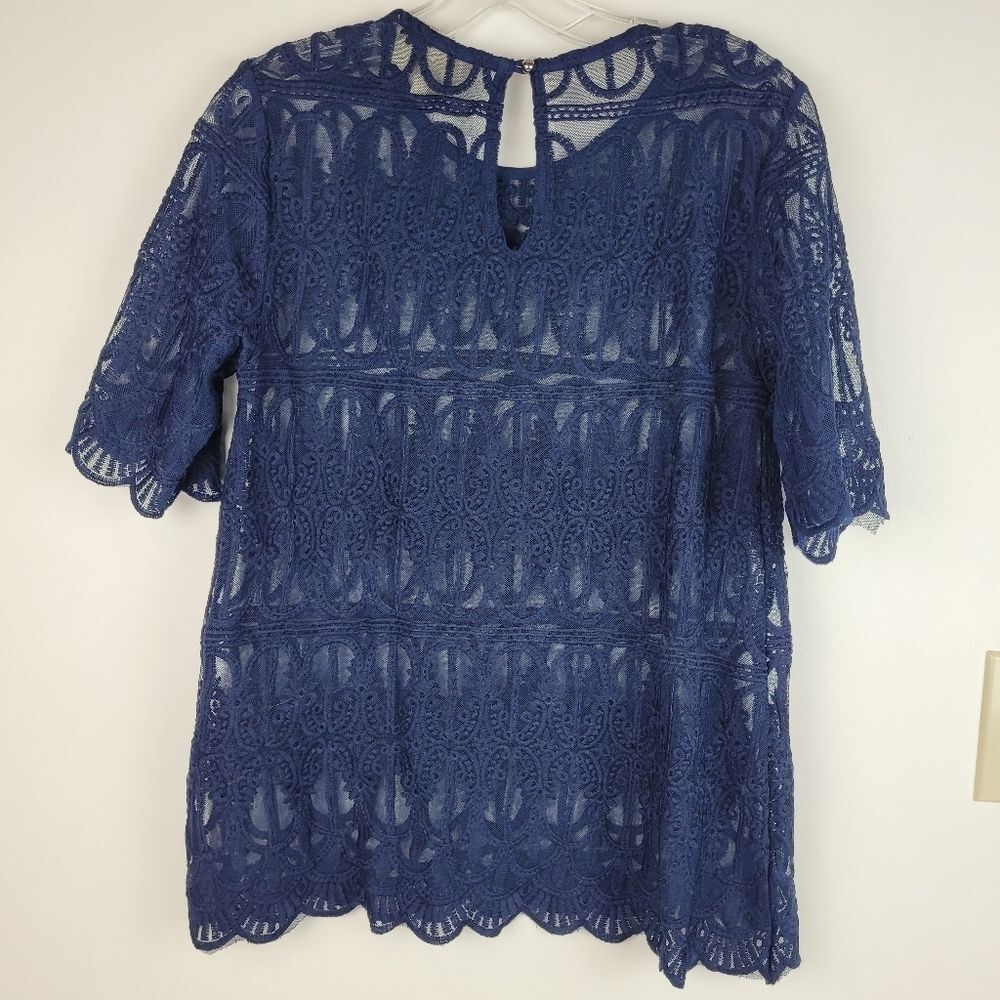 Anthropologie En Elle navy sheer lace top short sleeves crew neck fancy fairy 6 - Picture 4 of 8